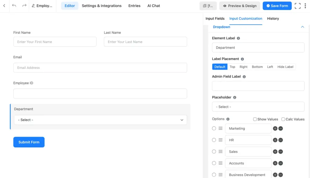 Add the employee information fields from the Input Fields of Fluent Forms