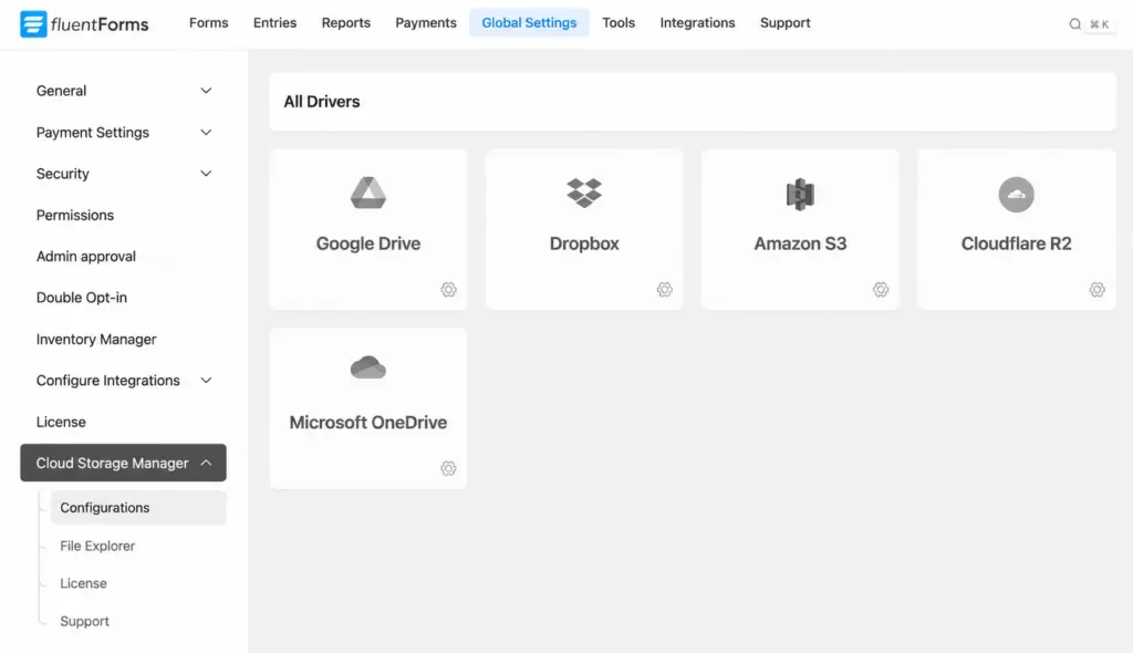 Cloud Storage for Fluent Forms interface