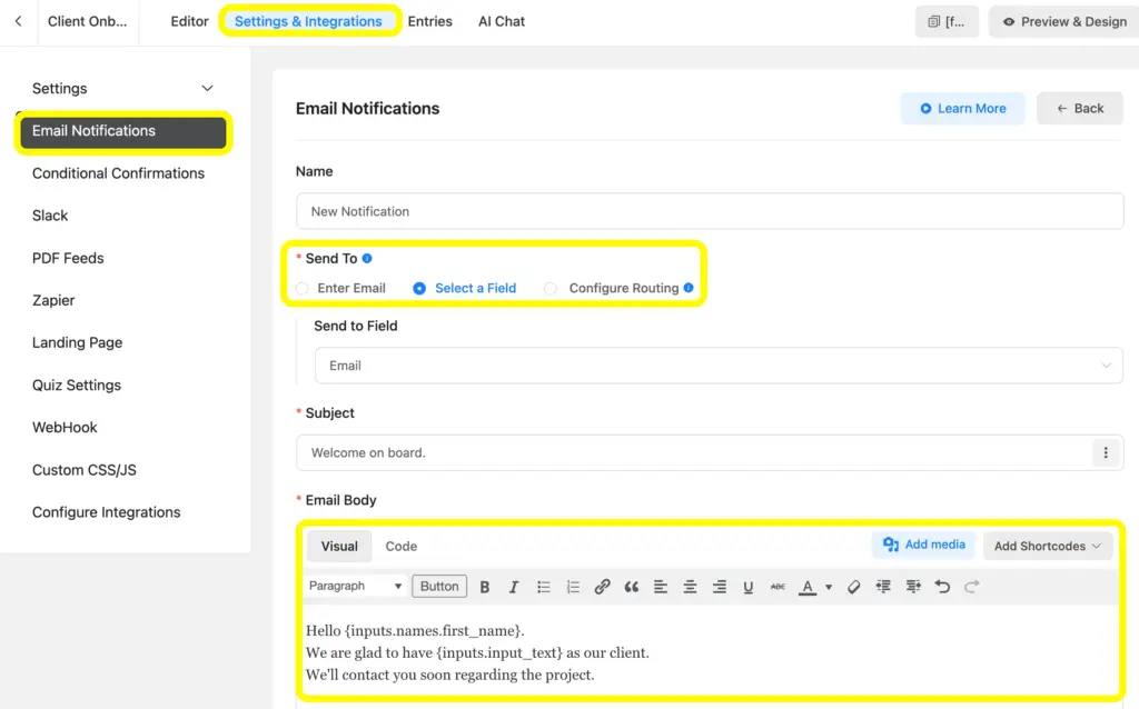 In Fluent Forms, set up email notifications with form the Settings and Integrations.