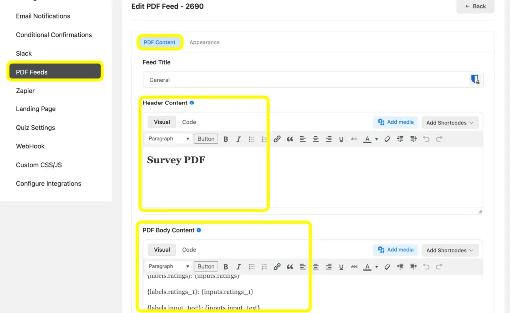 In Fluent Forms, customize the PDF Feed's Header Content and Body Content.