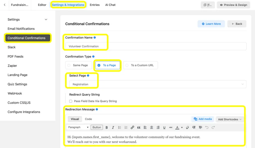 Apply conditional confirmations from the settings and integrations and dynamically set up the confirmations.