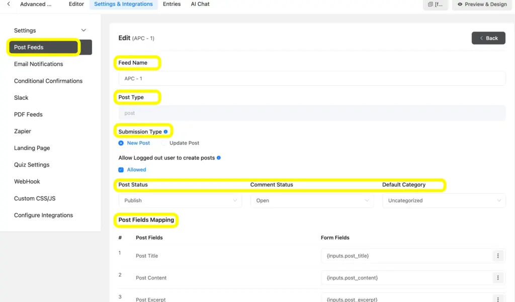 Configure the post feeds and set up the post name, type, submission type, post status, etc.