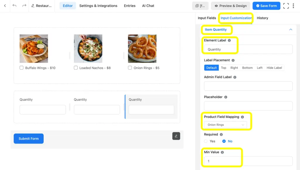 Add item quantity fields and select the product field mapping to the relevant payment item.
