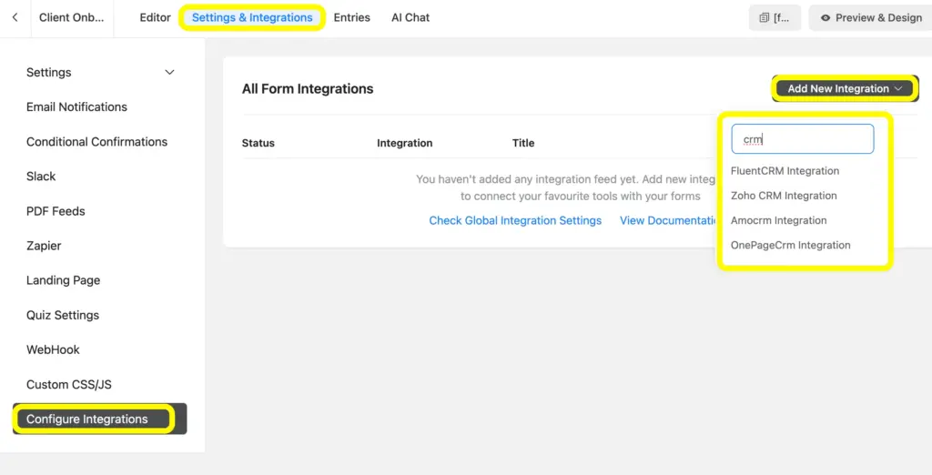 Connect CRM from the Configure Integrations settings of Fluent Forms.