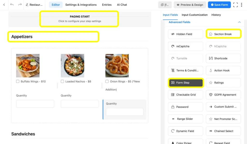Add form step, section break, etc. fields to make segments in your longer product order forms.