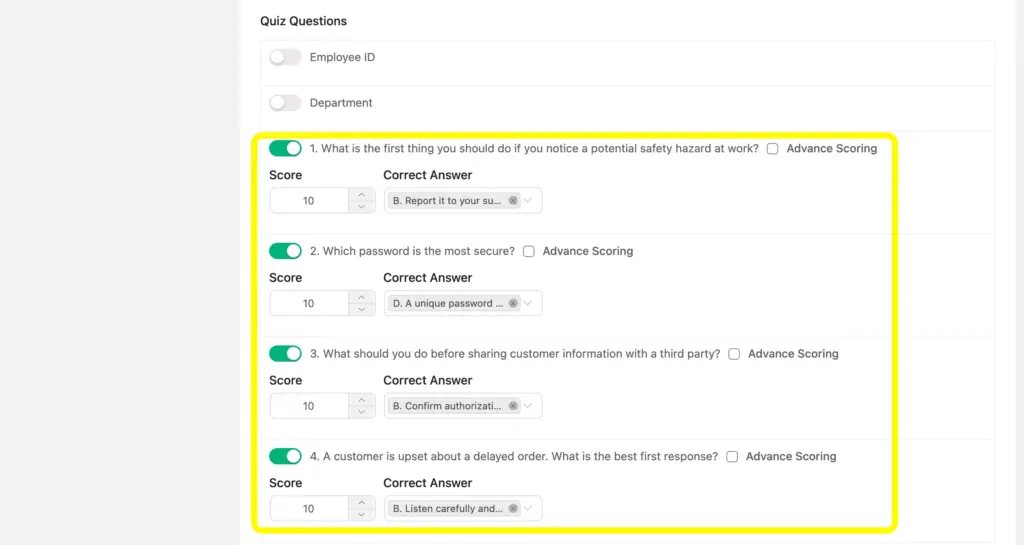 Go to Quiz Settings of the form to set up the score and correct answer