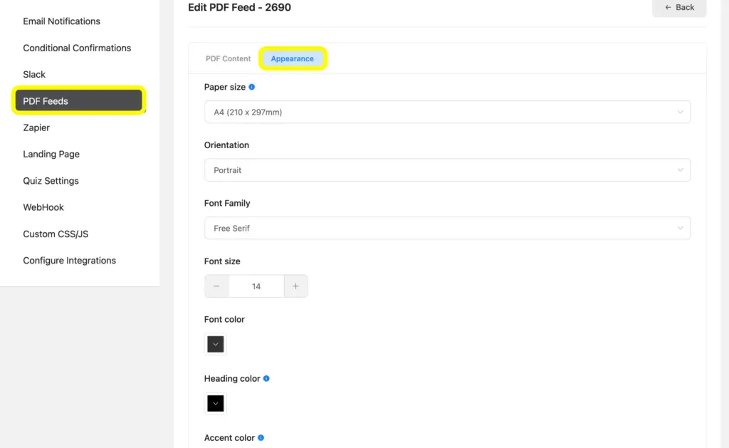 Edit the appearance of the PDF Feed and customize the Paper size, font size, color, etc.