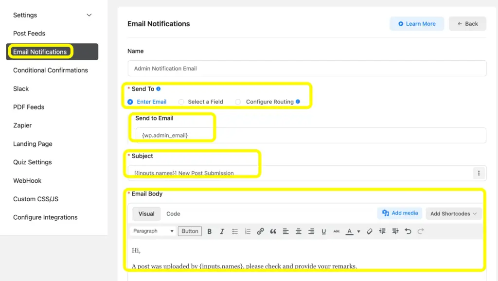 Set up the email notification and automate sending notifications to users or admins once a form is submitted.
