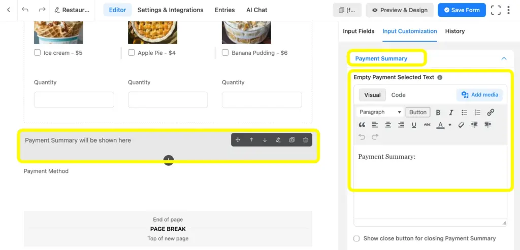 Add payment summary to dynamically calculate the total payable amount including the item names and quantity.