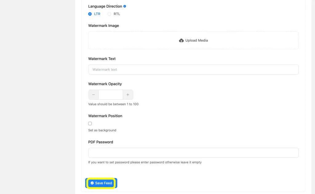 Bring Watermark and password in the Form's PDF Feed.