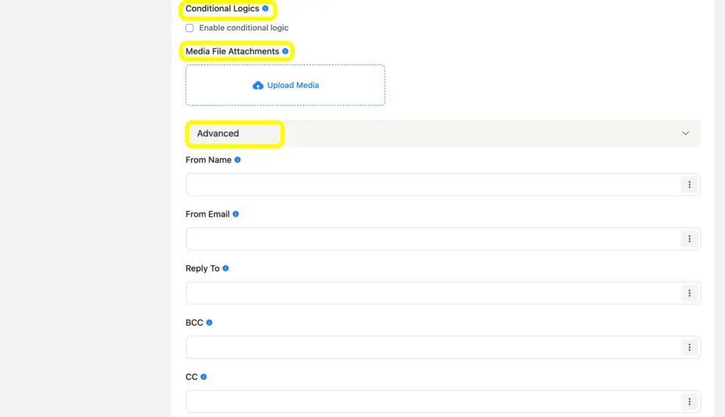 In Fluent Forms' email notification, you can attach media files and enable advanced options.