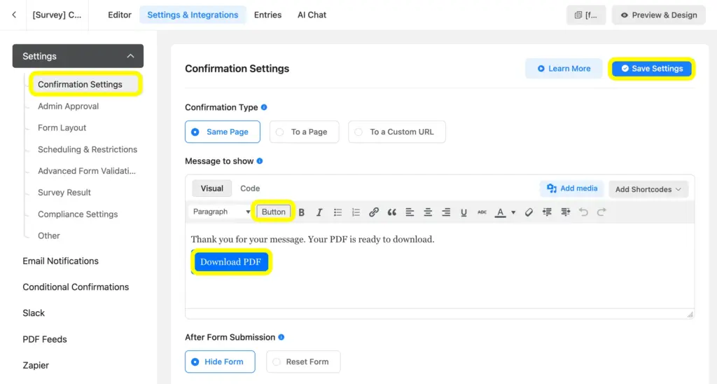 Add the Download PDF button to teh confirmation settings.