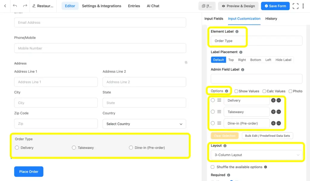 Use a radio field to choose the order type in your restaurant order form.