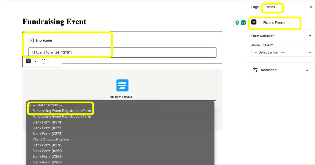 Easily publish your form using the form's shortcode or choosing the form from the Fluent Forms block.
