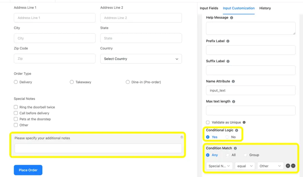 Add an order notes field and add another text field to specify the notes.