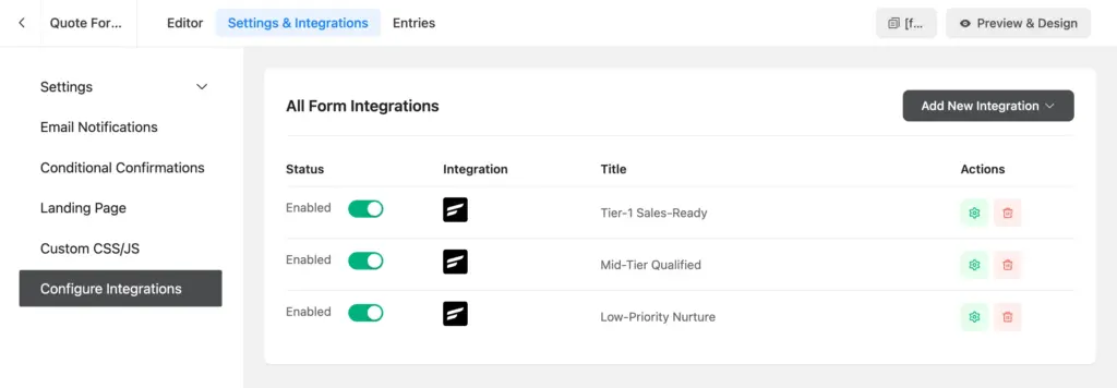 The Configure Integration page showing all three feeds listed (Tier-1, Mid-Tier, Low-Priority) with their status toggles.