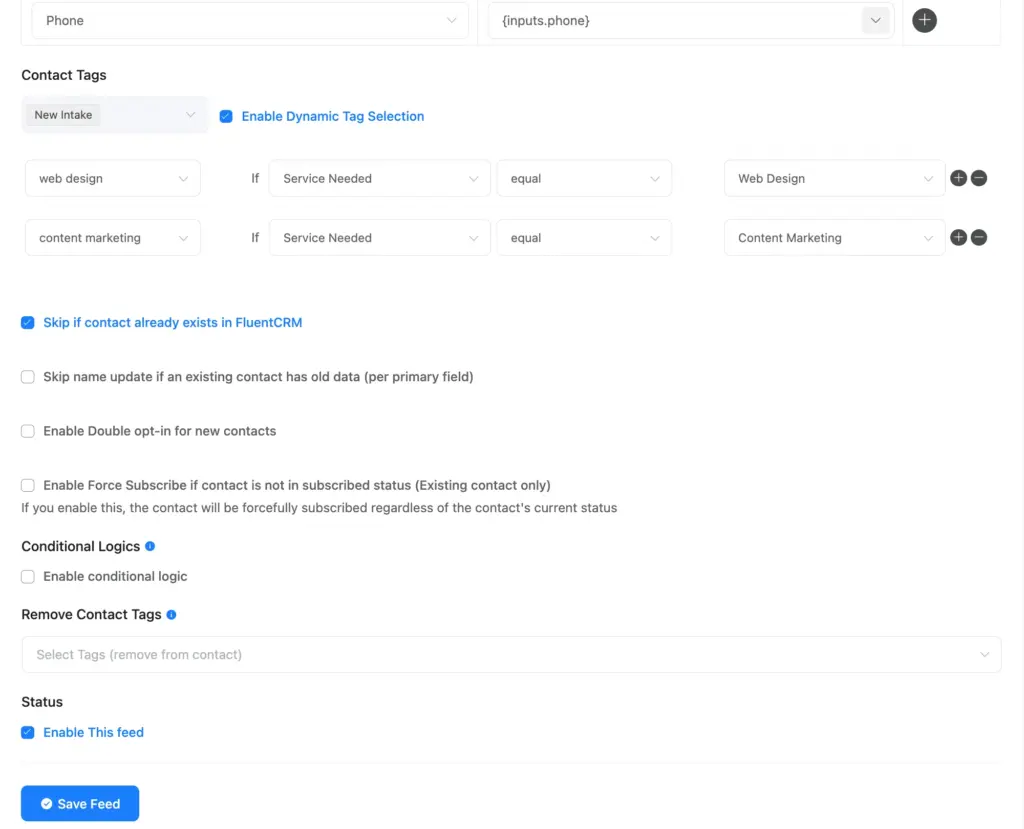 Completed FluentCRM integration feed with fields mapped and tags selected.