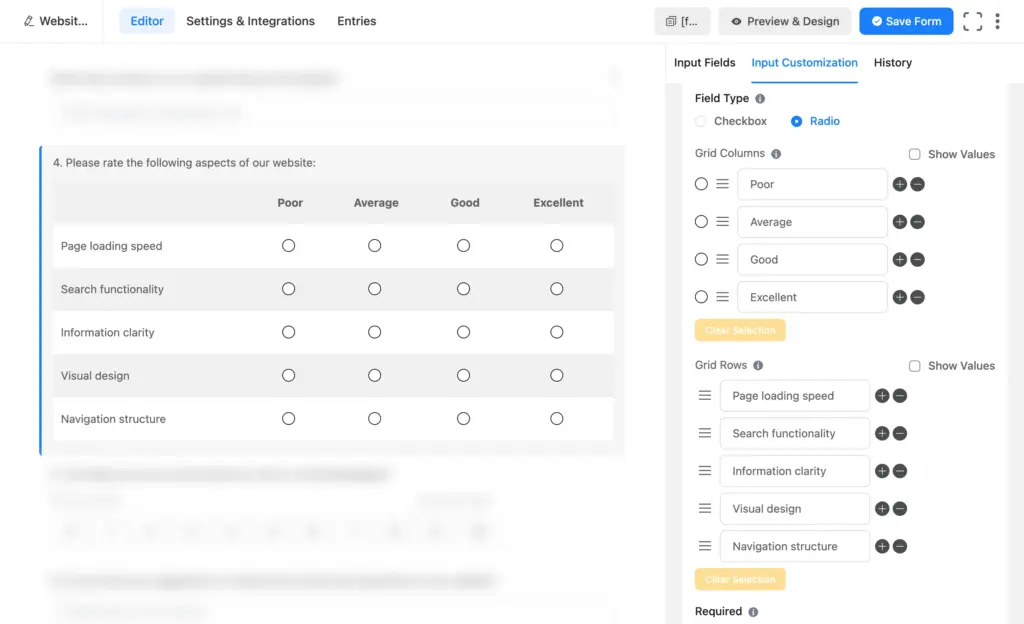 Fluent Forms checkable grid rating several items on one scale