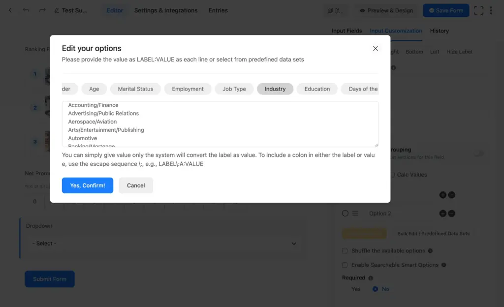Fluent Forms dropdown field options bulk edit feature