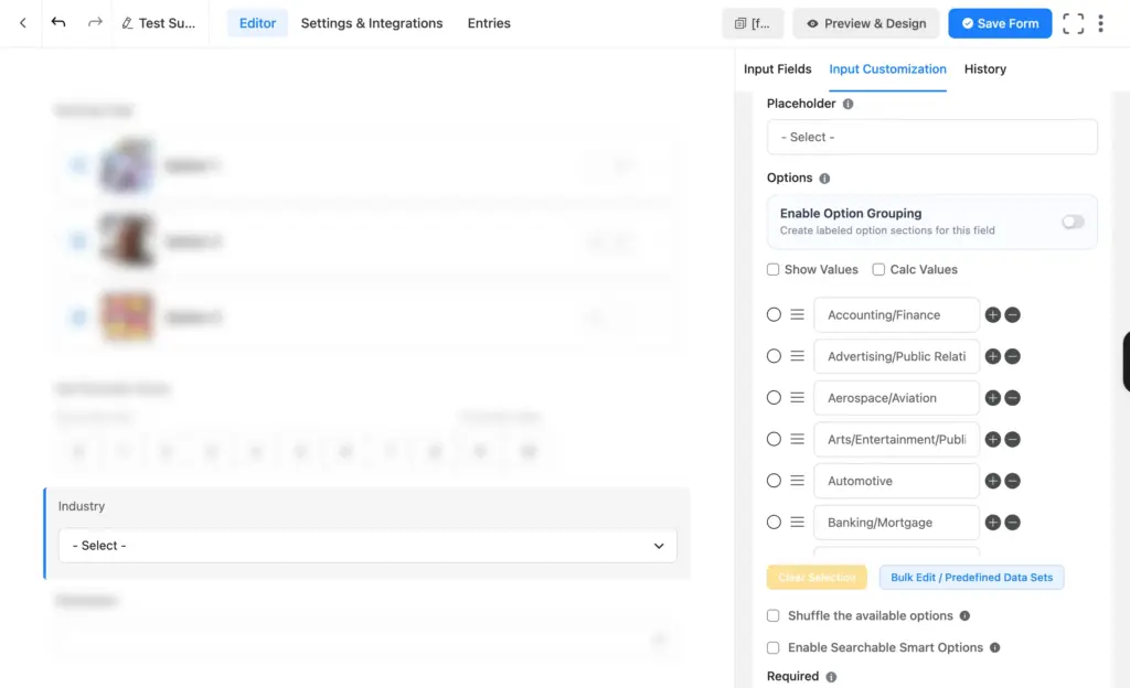 Fluent Forms dropdown field showing a single-select menu