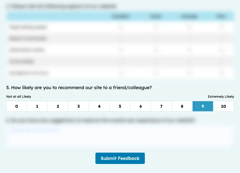 Fluent Forms NPS field showing a 0 to 10 recommendation scale