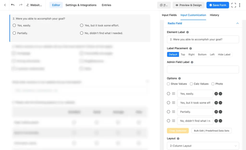 Fluent Forms radio field with visible answer options in the form editor