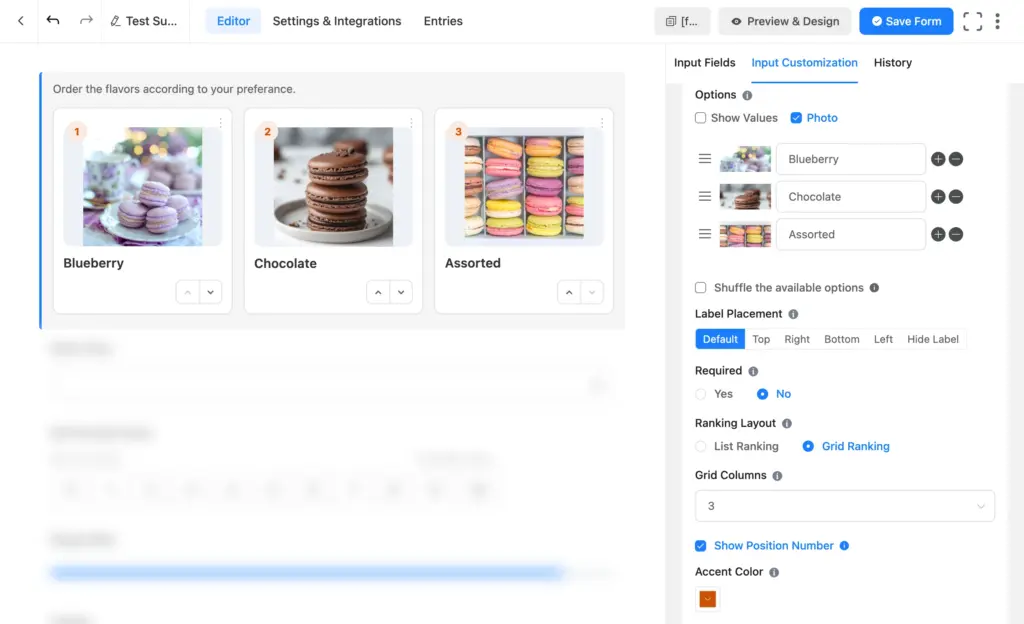 Fluent Forms ranking field grid layout with product photos and position badges