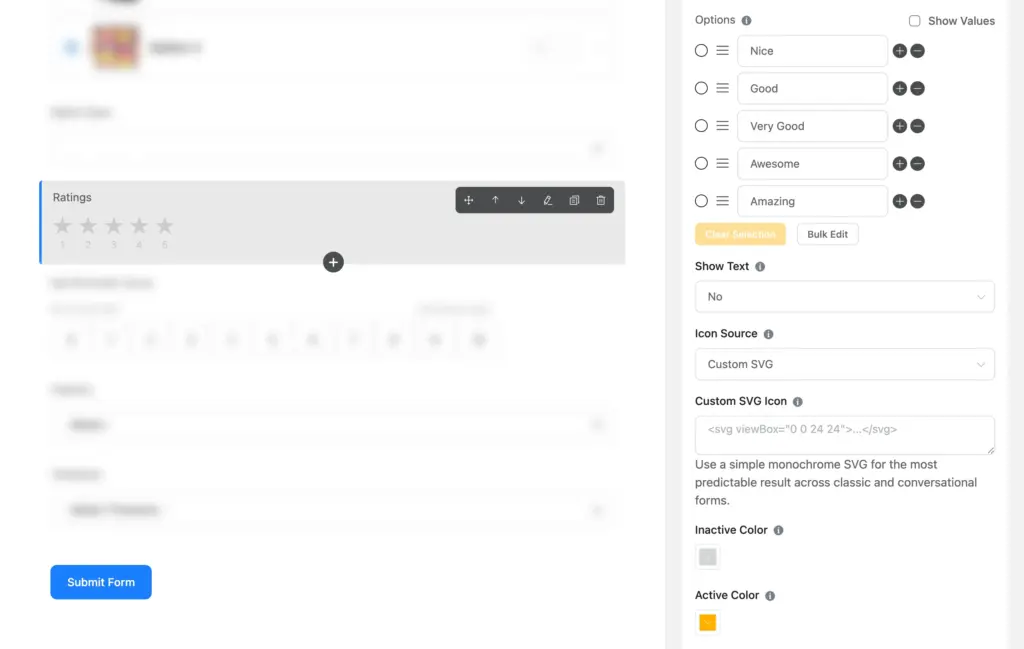 Fluent Forms ratings field with custom level labels, icon source, and color options