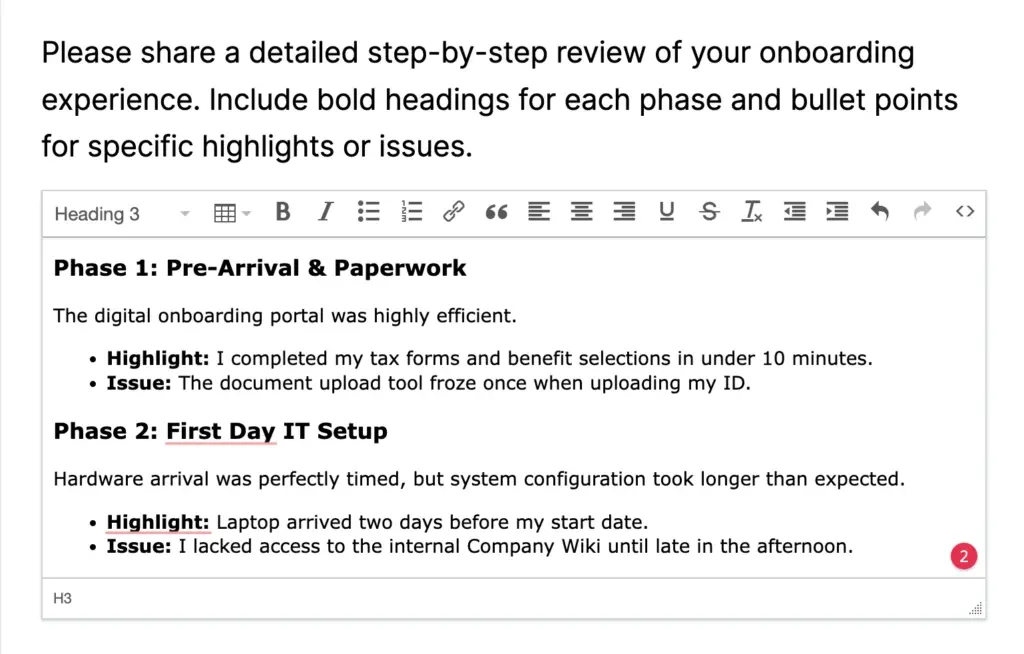 Fluent Forms rich text input with formatting controls for structured answers
