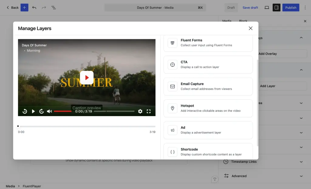 FluentPlayer Manage Layers window showing layer types: Fluent Forms, CTA, Email Capture, Hotspot, Ad, and Shortcode.