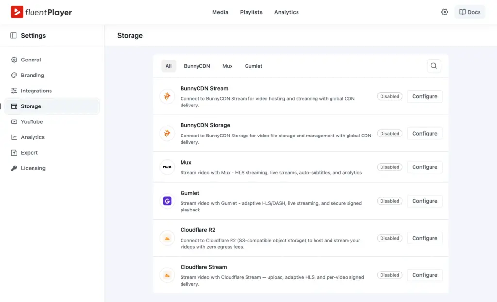 FluentPlayer available storage solutions