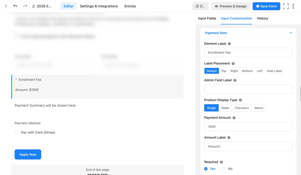 An Enrollment Fee payment item set to $1000 with a Stripe payment method in the Fluent Forms editor