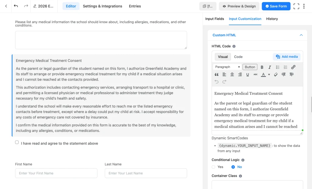 A medical information text area and an emergency medical treatment consent statement in the Fluent Forms editor