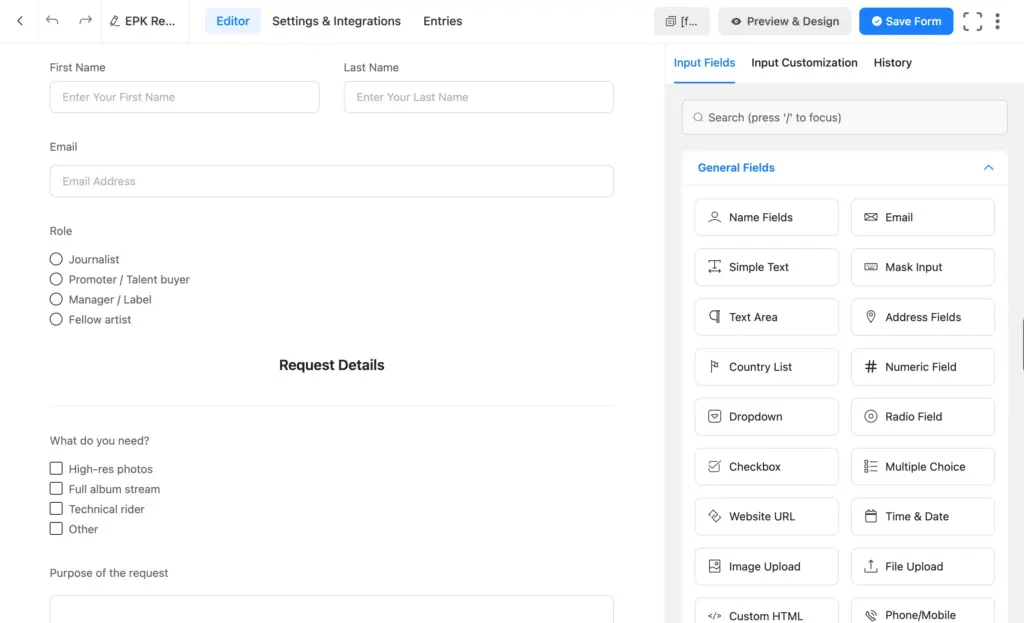 Fluent Forms editor showing the EPK request form fields, name, email, role, materials checkboxes, and purpose, with the input fields panel on the right