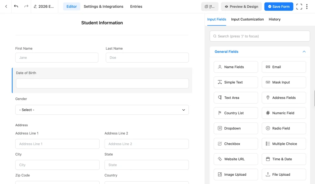 Student information fields with name, date of birth, gender, and address in the Fluent Forms editor