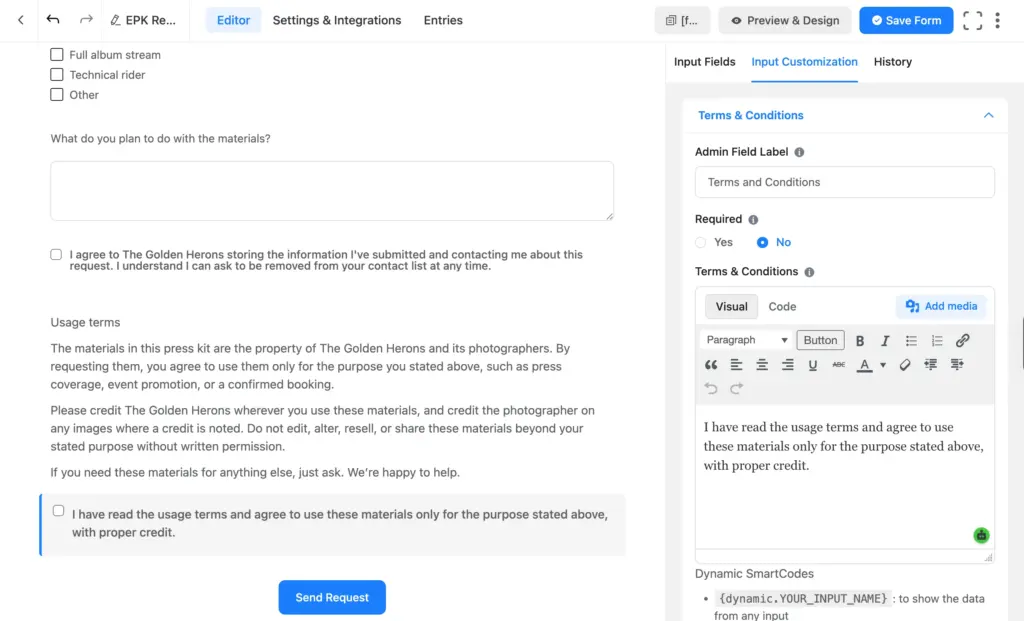 Fluent Forms preview showing the usage terms statement and the consent and usage agreement checkboxes above the Send Request button