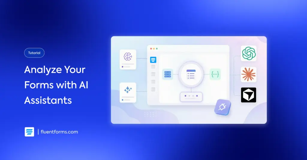 Fluent Forms feature graphic showing a form dashboard connected by dashed lines to AI assistant icons.