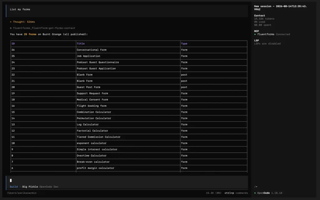An AI assistant connected to the Fluent Forms MCP server returning a table of forms with IDs, titles, and types after the prompt List my forms