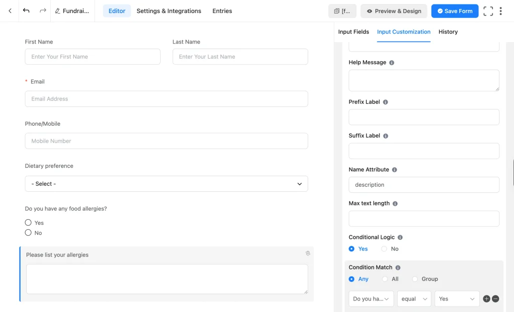 Name, email, phone, dietary preference, and conditional allergies fields in Fluent Forms