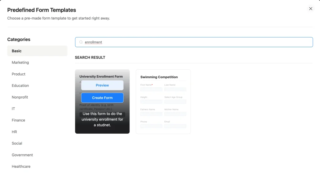 Searching “enrollment” in the Fluent Forms Predefined Form Templates popup with the University Enrollment Form result