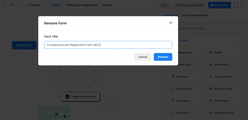 Naming a new form Fundraising Event Registration Form in Fluent Forms
