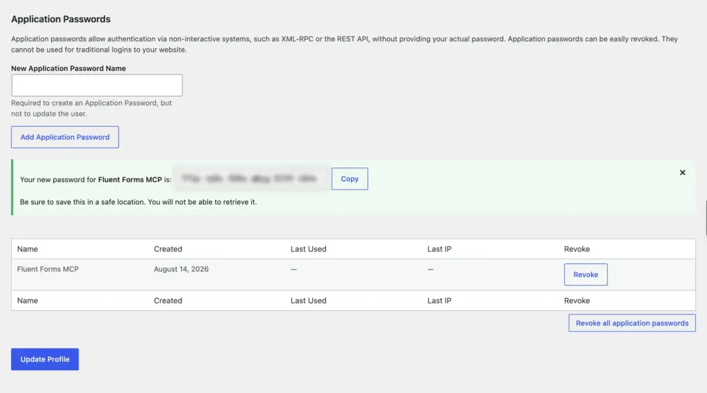 WordPress Application Passwords screen showing a newly created password named Fluent Forms MCP, with a copy button and a warning to save it