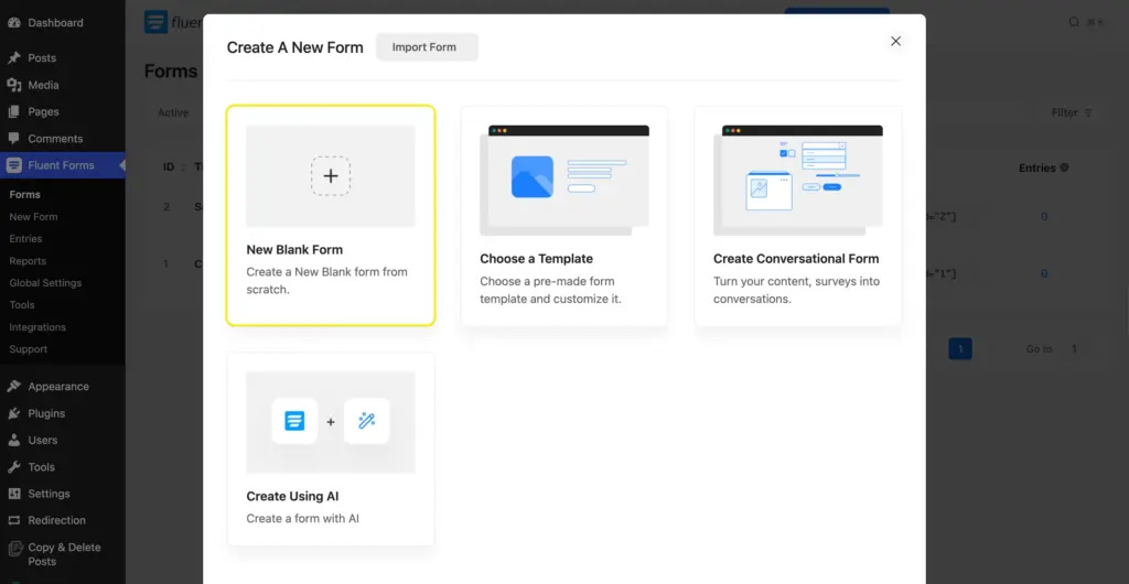 Fluent Forms “Create A New Form” modal showing New Blank Form, Choose a Template, Conversational Form, and Create Using AI options