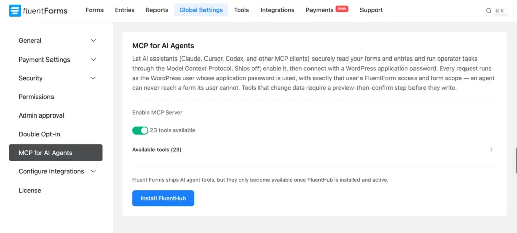 The MCP for AI Agents settings page with Enable MCP Server toggled on, 23 tools available, and an Install FluentHub button at the bottom