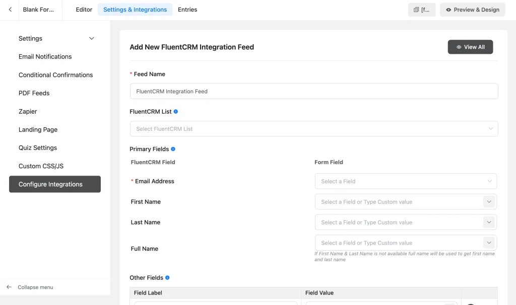 Use the FluentCRM Integration Feed to configure the emails form your Fluent Forms dashboard.