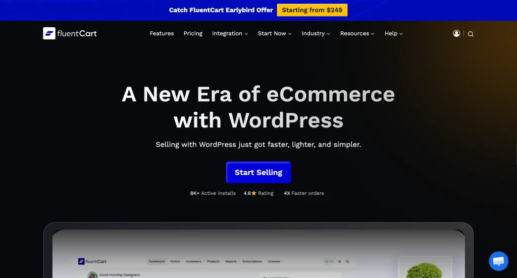 best ecommerce plugin FluentCart homepage showing the earlybird lifetime deal
