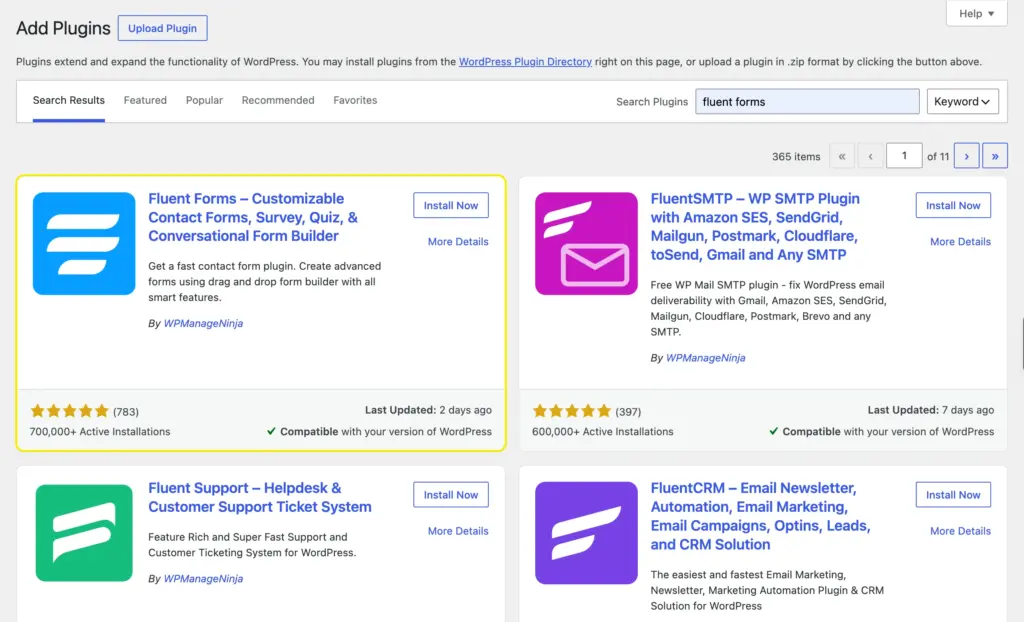 WordPress Add Plugins page with “fluent forms” searched and the Fluent Forms plugin ready to install
