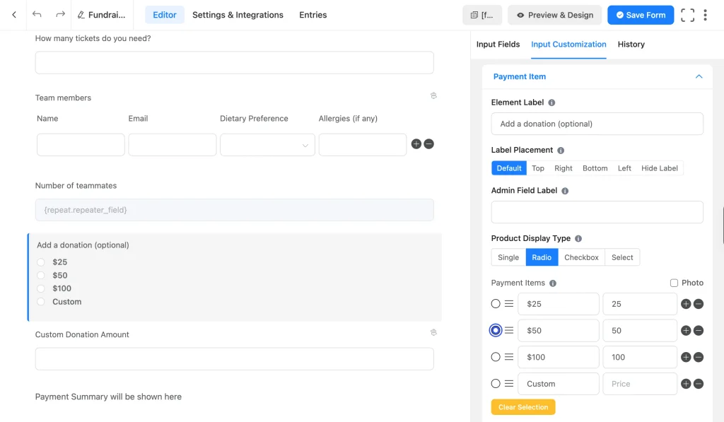 Optional donation field with 25, 50, 100, and custom amount options in Fluent Forms