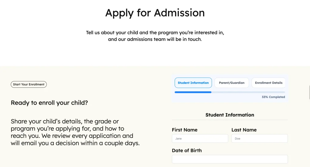 Published school enrollment form on an admissions page 70246