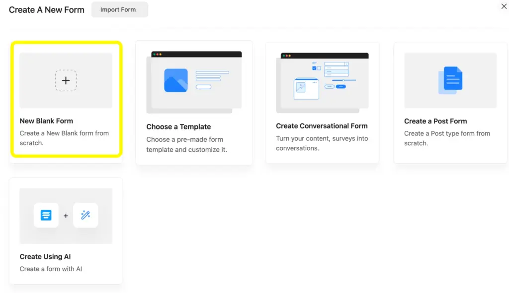 Create a new form with Fluent Forms by choosing the New Blank For, Template, or AI Form Builder.